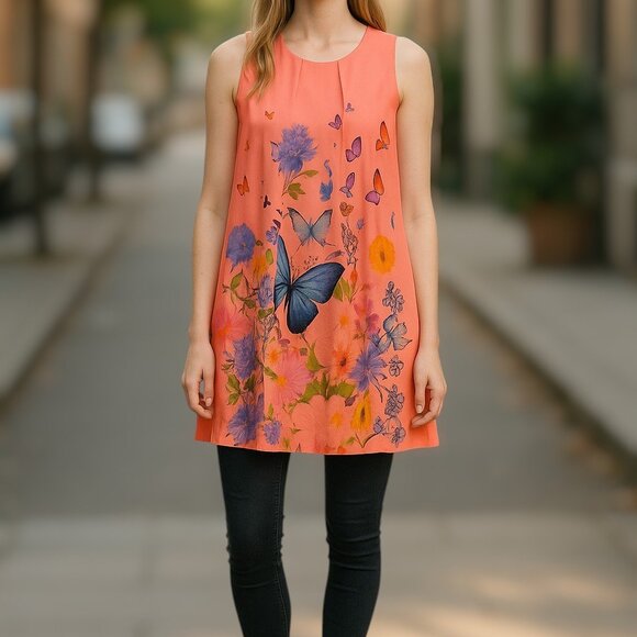 A-Lined Chiffon Sleeveless Floral & Butterfly Lined Tunic Print Dress Sz Medium - Picture 3 of 14